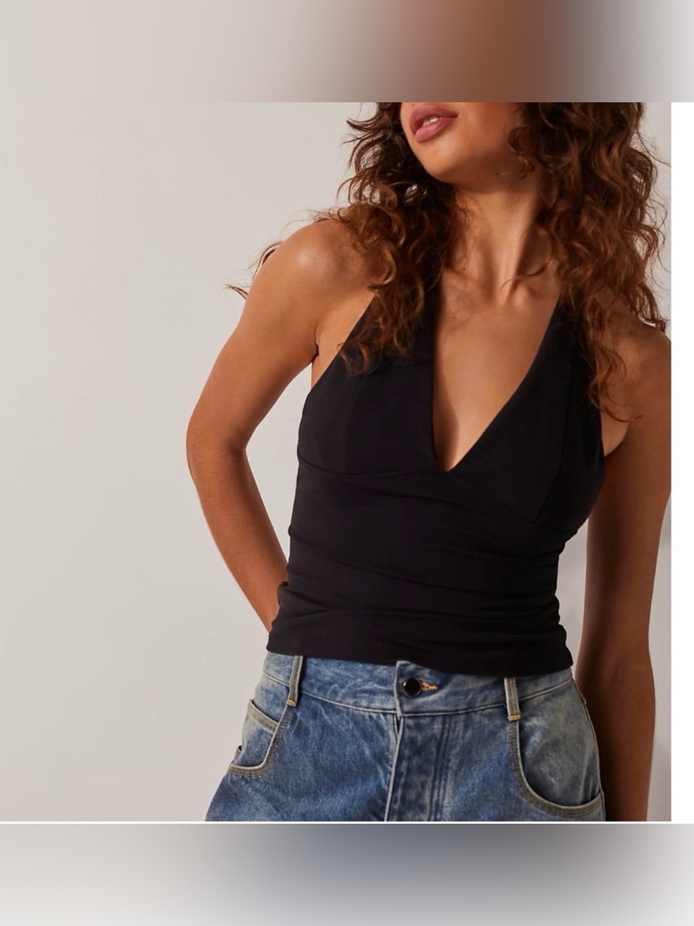 Free People Intimately Halter Top, Plunging neckline, open back in Black, Size L